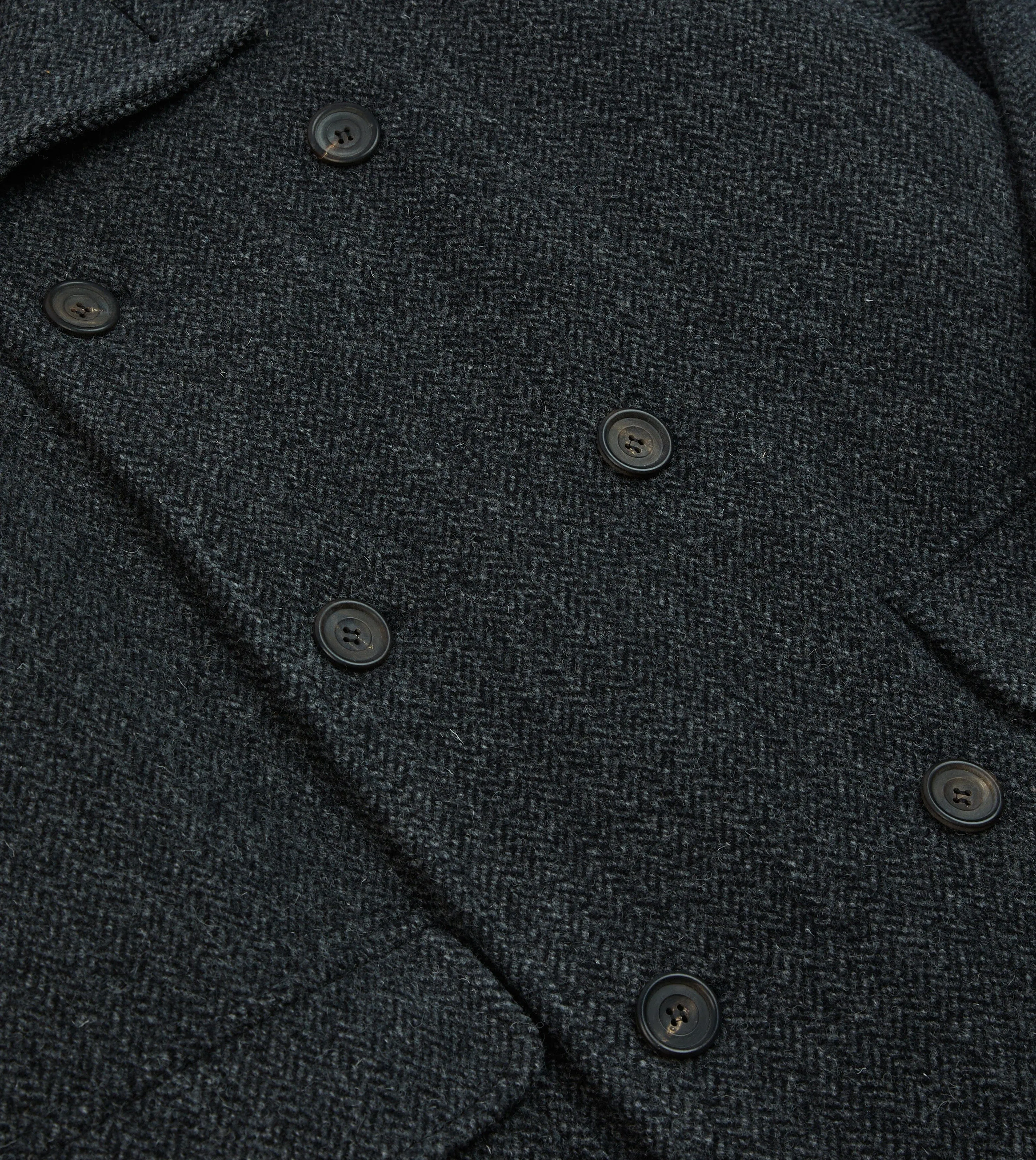 Grey Herringbone Wool Double-Breasted Raglan Coat