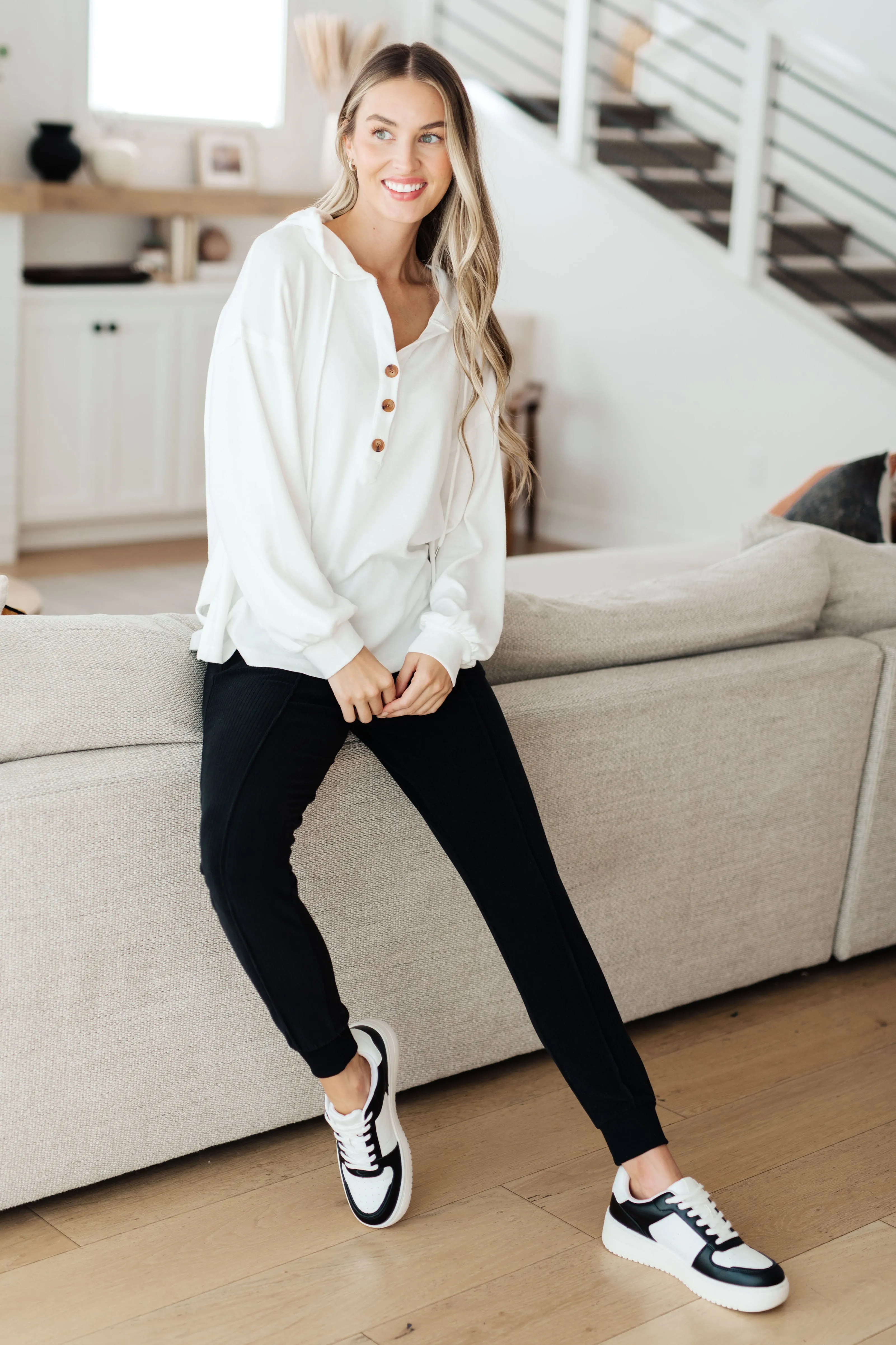 Happier Now Henley Hoodie in Ivory - One Eleven North