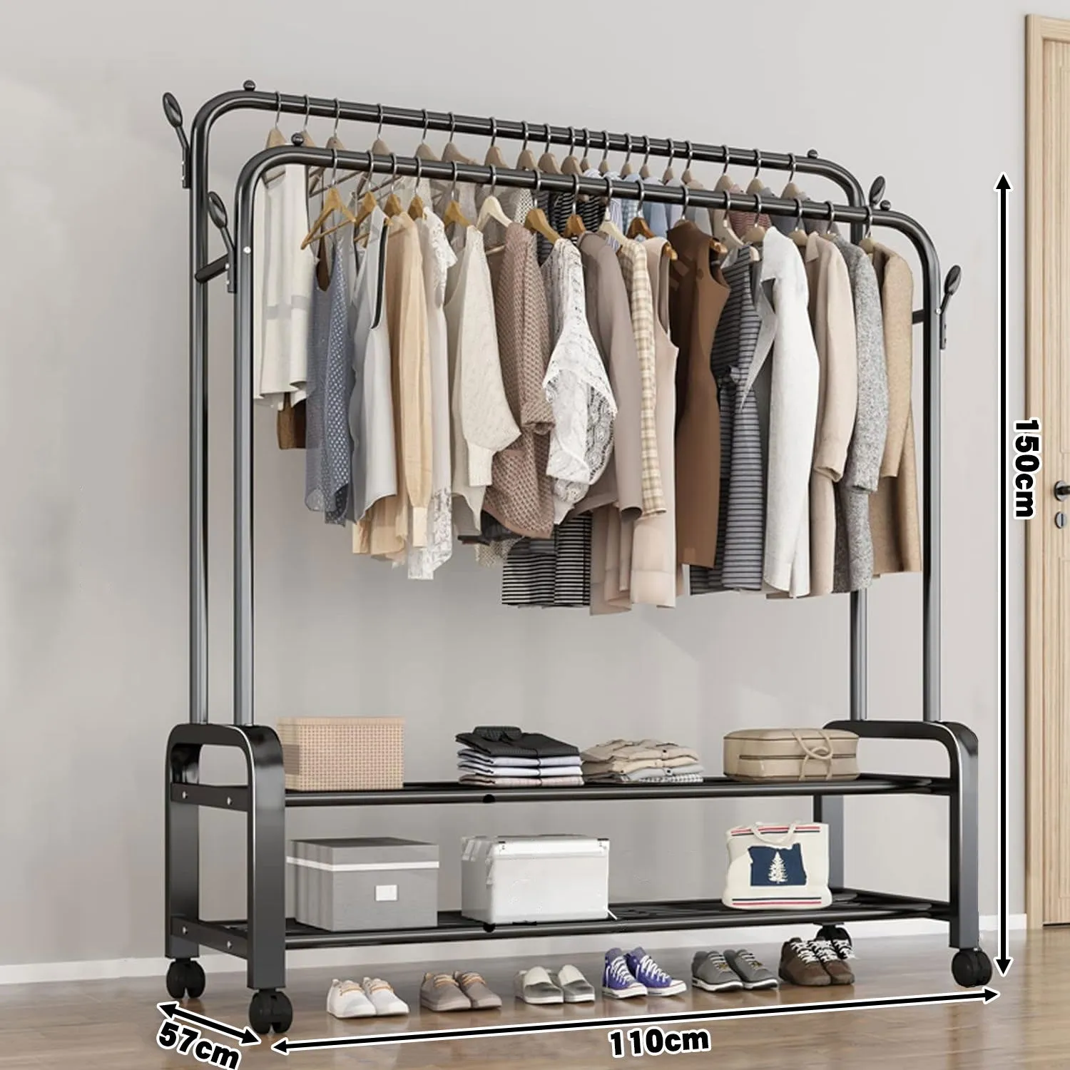 Heavy Duty Portable Double Rail Clothes Garment Hanging Rack Shoe Storage Shelf Organizer Hanger Dryer - black