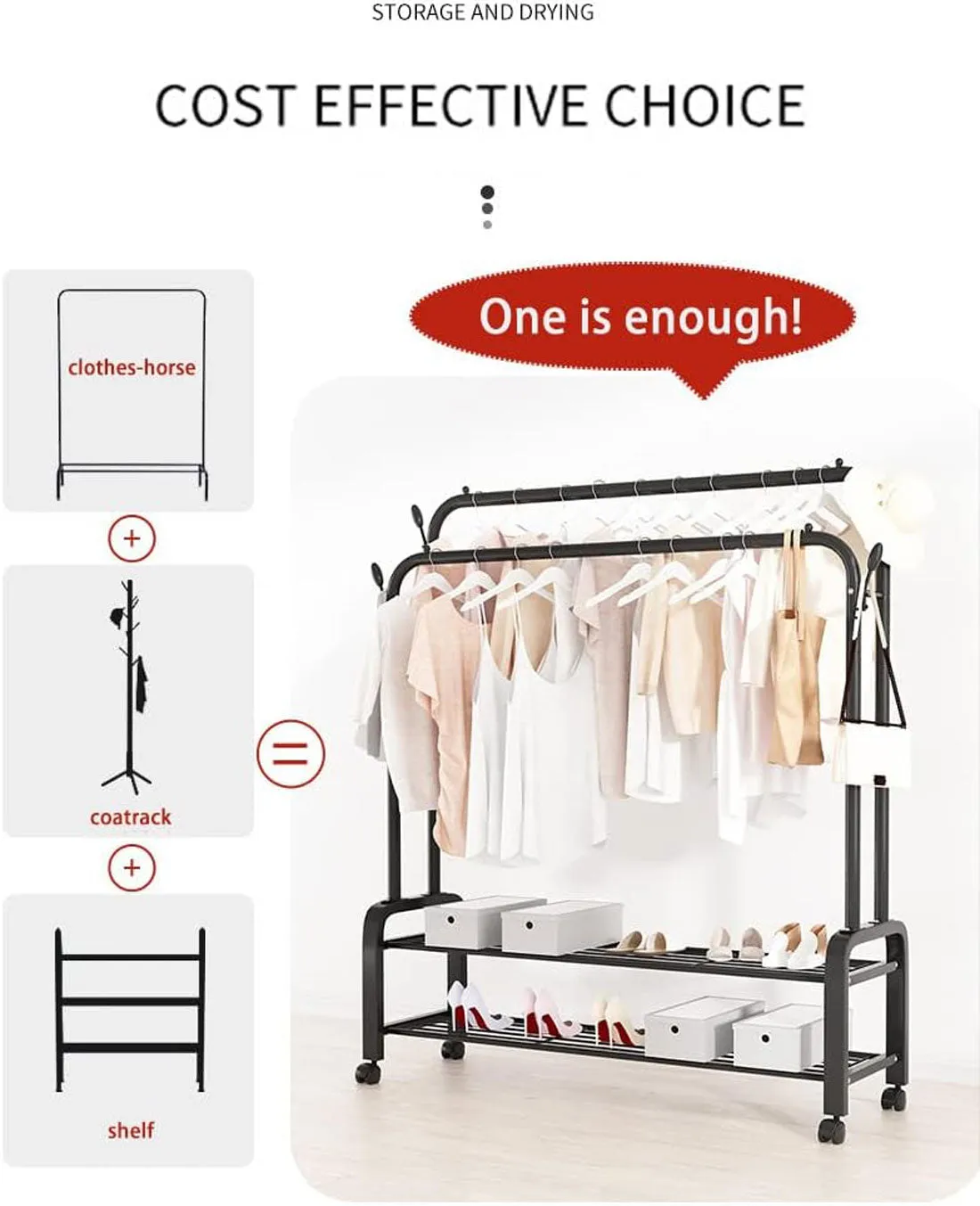 Heavy Duty Portable Double Rail Clothes Garment Hanging Rack Shoe Storage Shelf Organizer Hanger Dryer - black