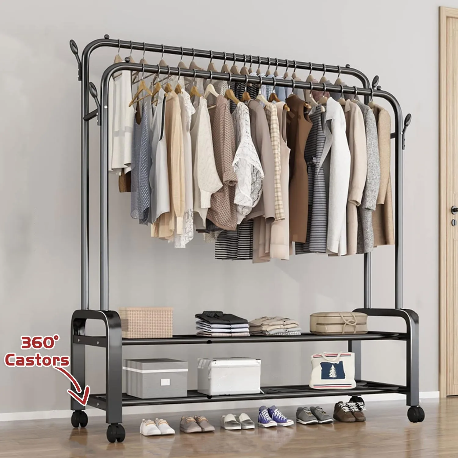 Heavy Duty Portable Double Rail Clothes Garment Hanging Rack Shoe Storage Shelf Organizer Hanger Dryer - black