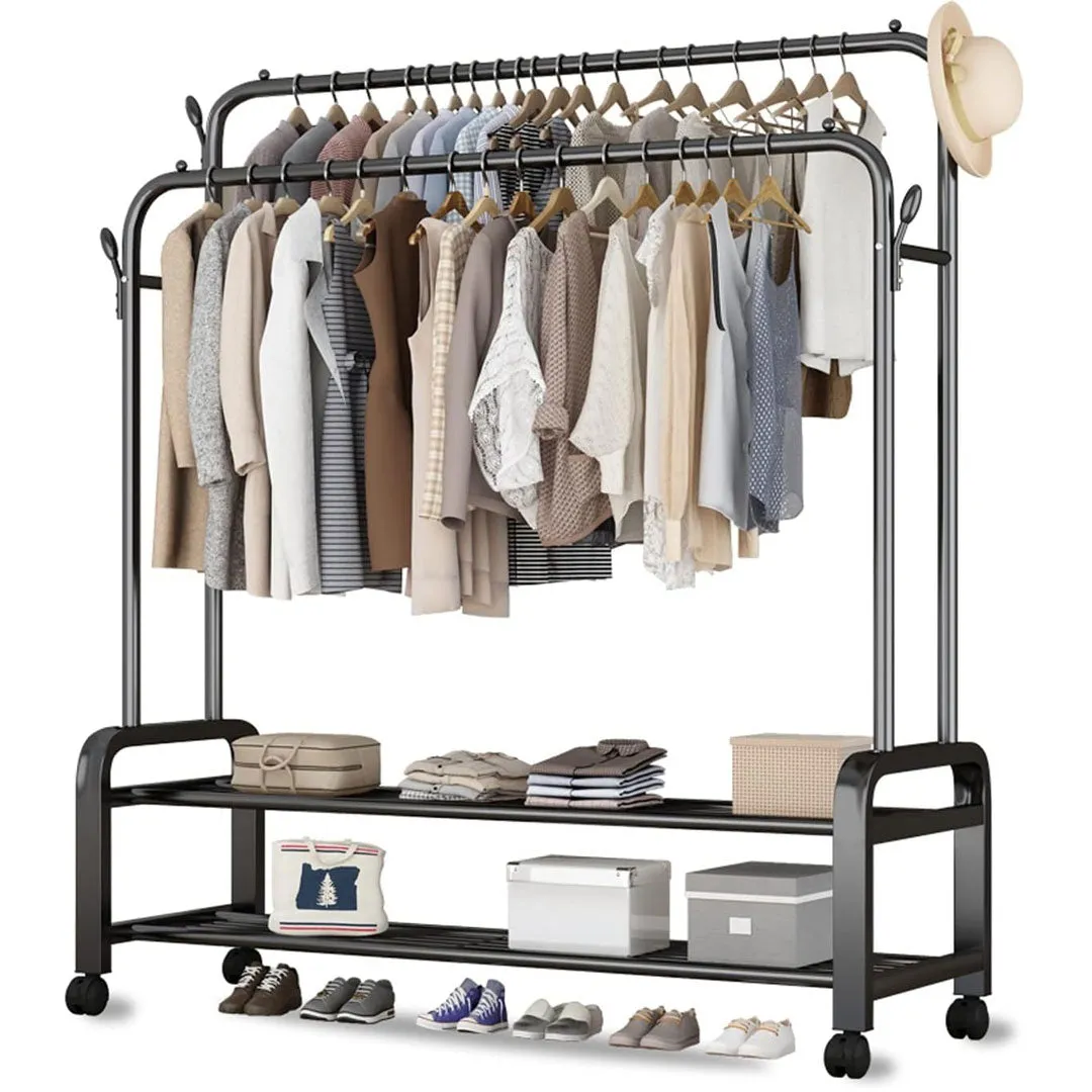 Heavy Duty Portable Double Rail Clothes Garment Hanging Rack Shoe Storage Shelf Organizer Hanger Dryer - black