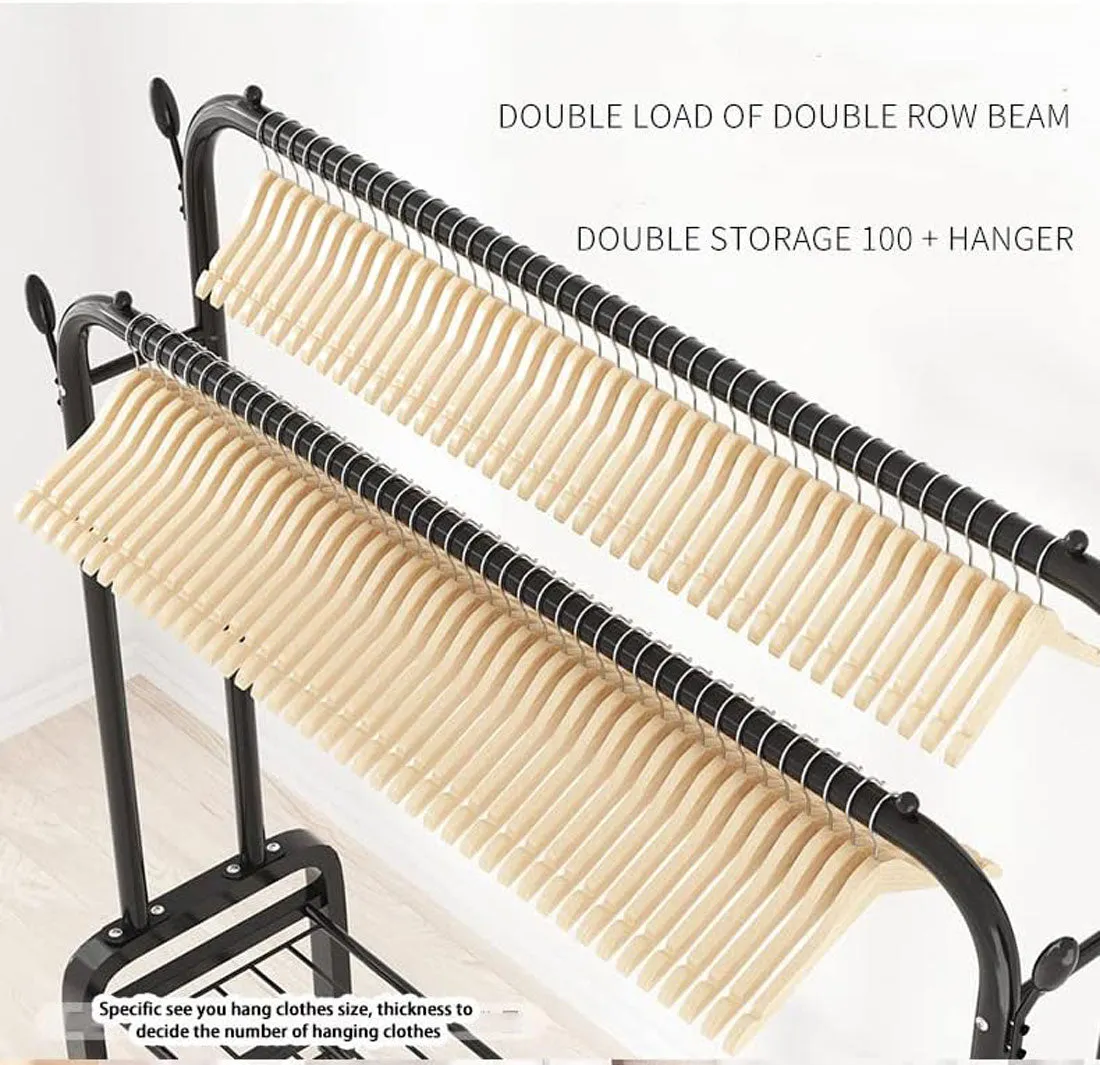 Heavy Duty Portable Double Rail Clothes Garment Hanging Rack Shoe Storage Shelf Organizer Hanger Dryer - black