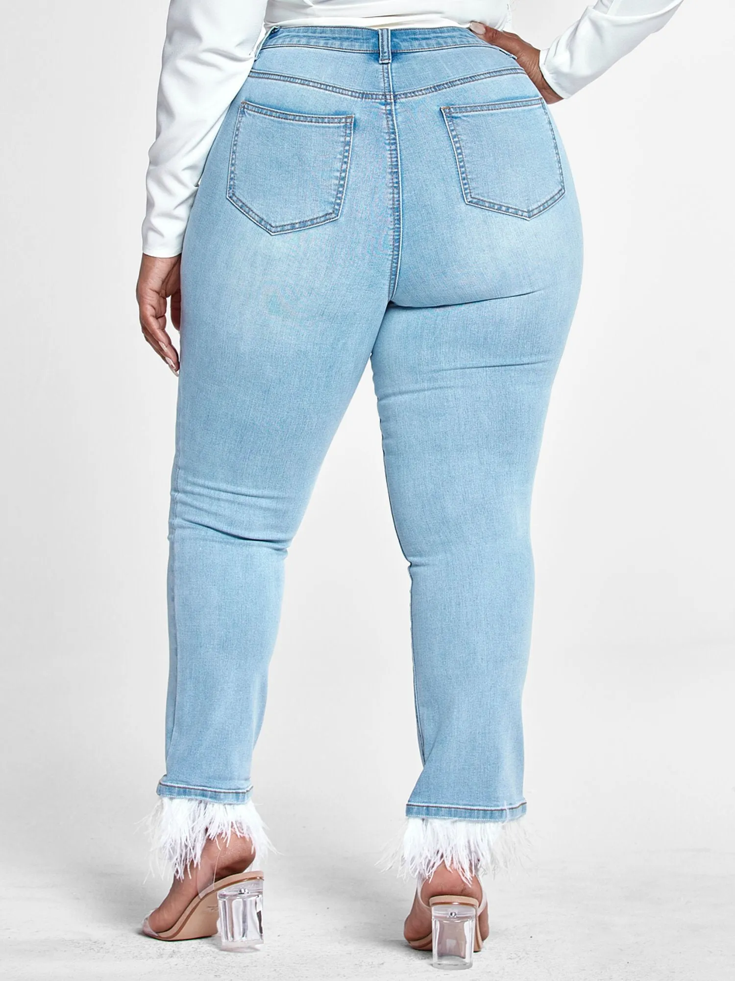 High Rise Flare Jeans with Feather Trim