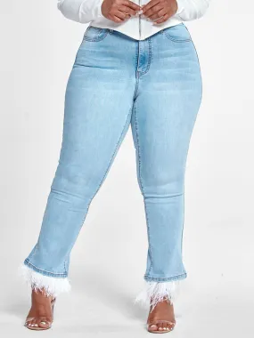 High Rise Flare Jeans with Feather Trim