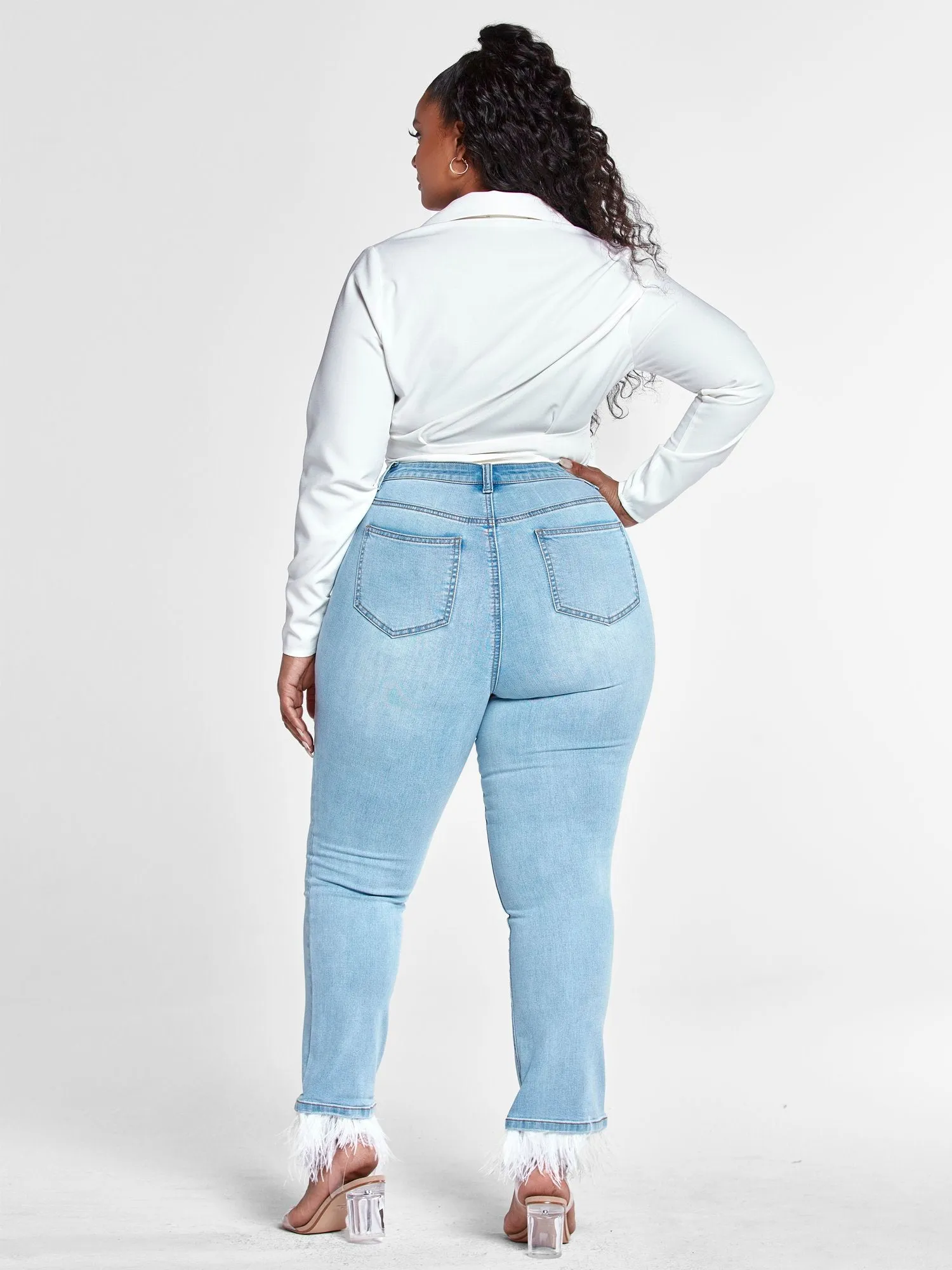 High Rise Flare Jeans with Feather Trim