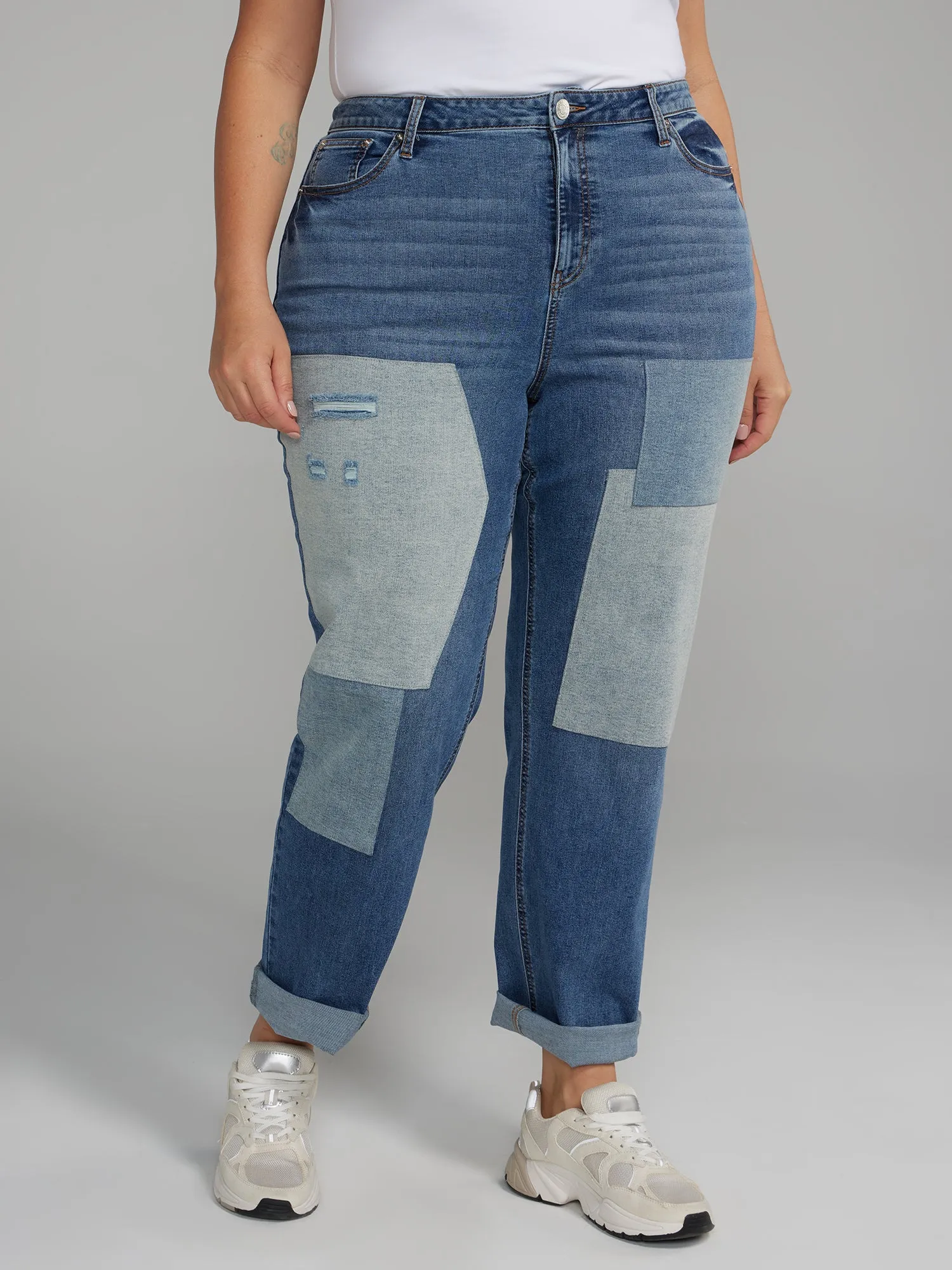 High Rise Patchwork Straight Leg Jeans