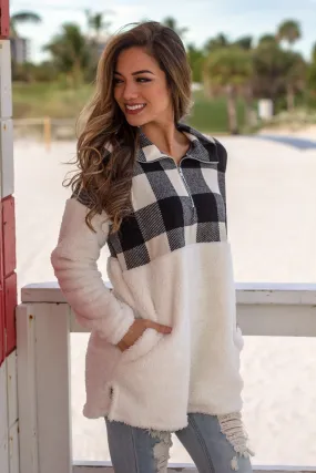 Ivory Fuzzy Pullover with Plaid Detail