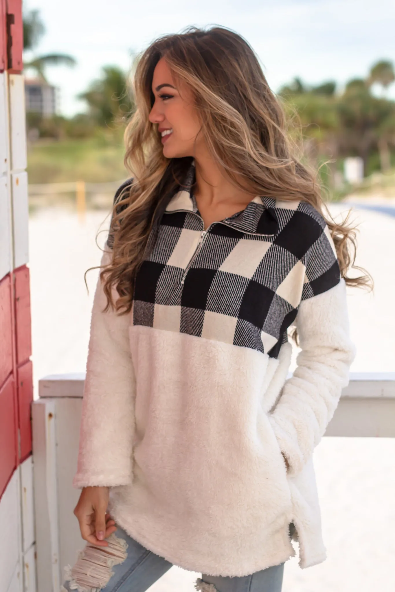 Ivory Fuzzy Pullover with Plaid Detail