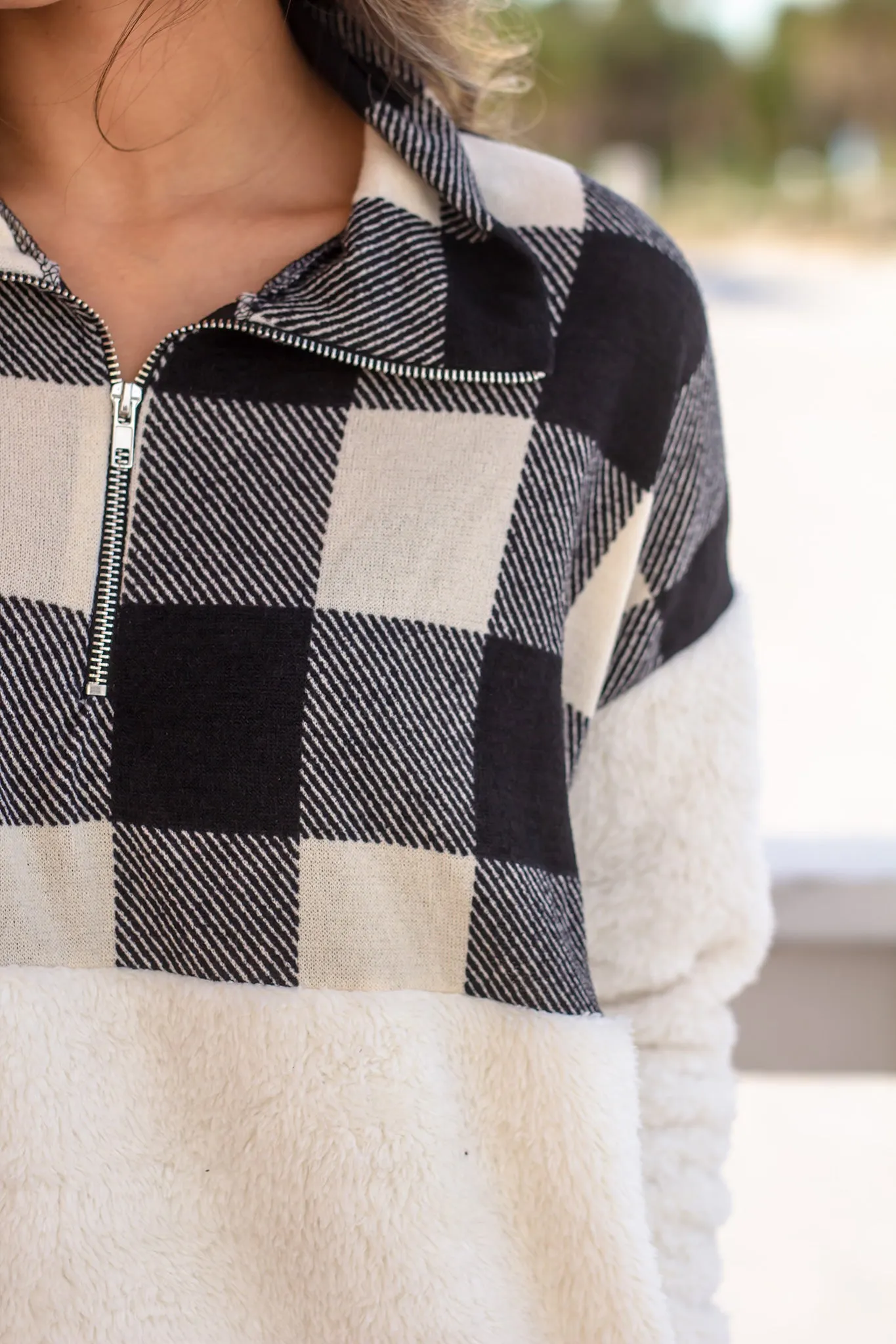 Ivory Fuzzy Pullover with Plaid Detail