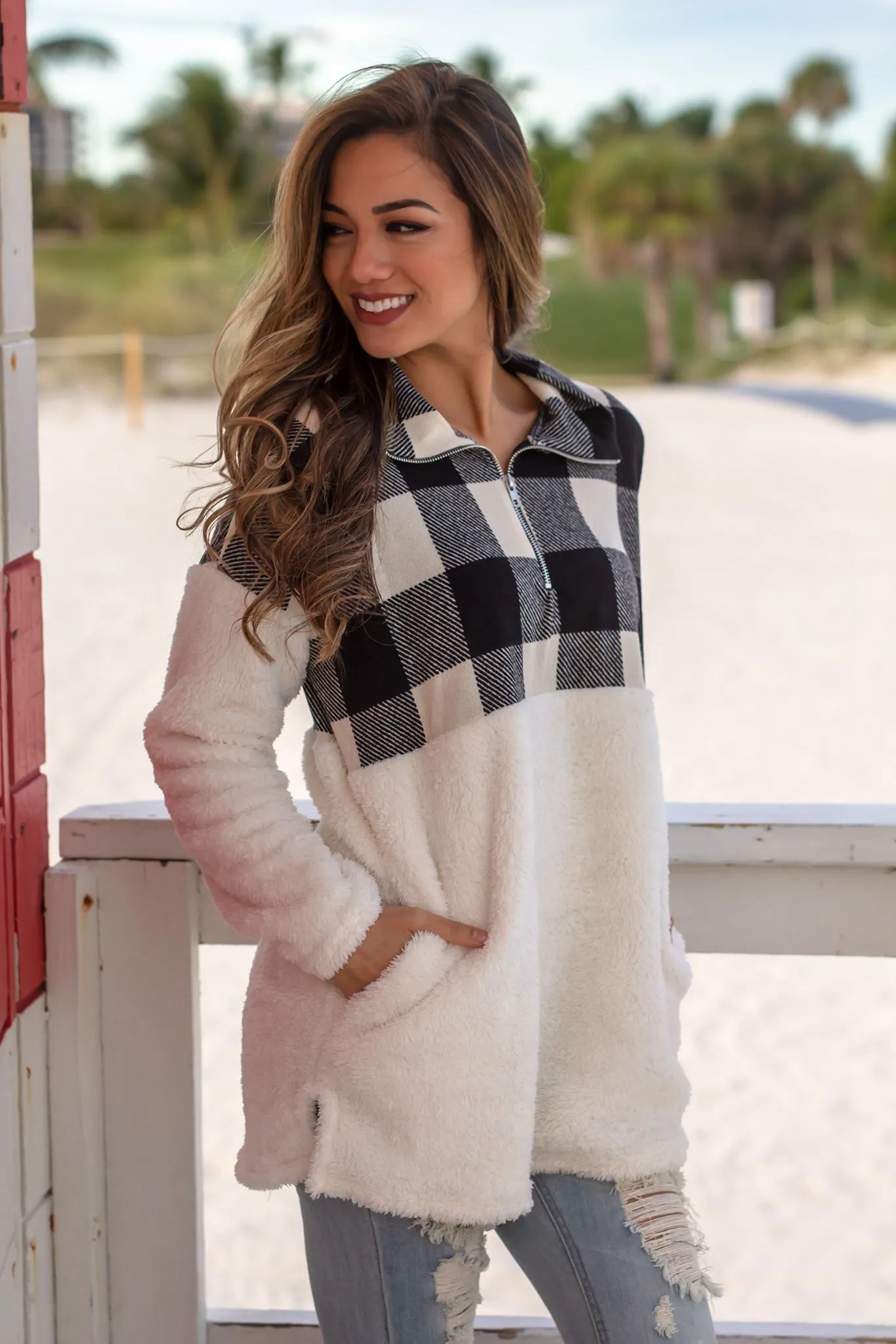 Ivory Fuzzy Pullover with Plaid Detail