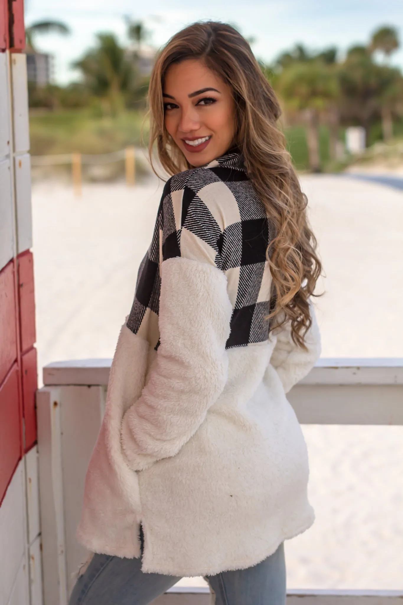 Ivory Fuzzy Pullover with Plaid Detail