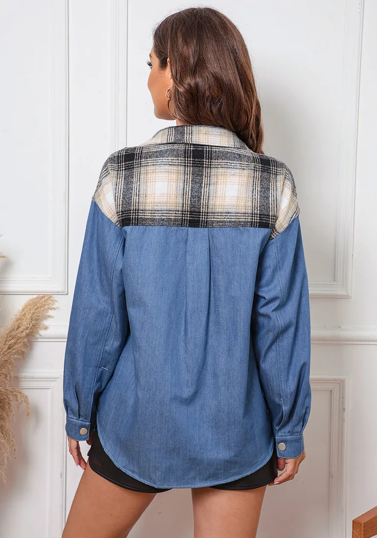 Khaki Plaid Women's Brief Button Down Denim Loose Plaid Flannel Shirt Coats Jackets