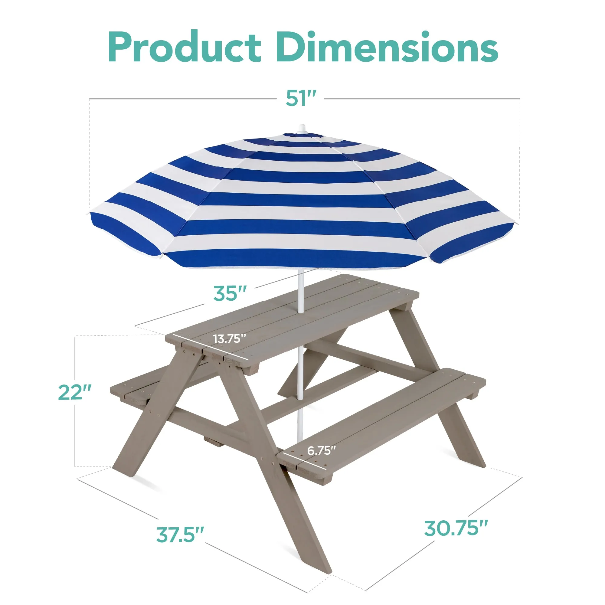 Kids Wooden Outdoor Picnic Table w/ Adjustable Umbrella, Built-In Seats