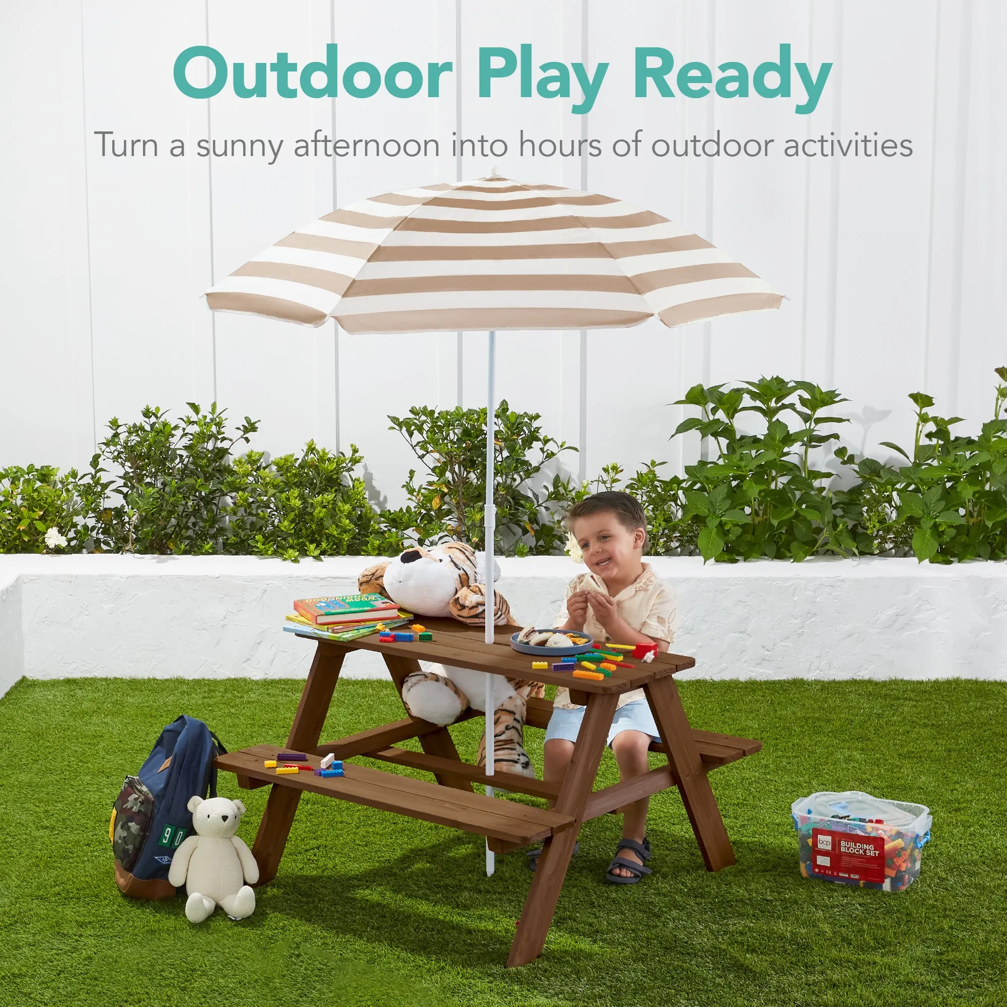 Kids Wooden Outdoor Picnic Table w/ Adjustable Umbrella, Built-In Seats