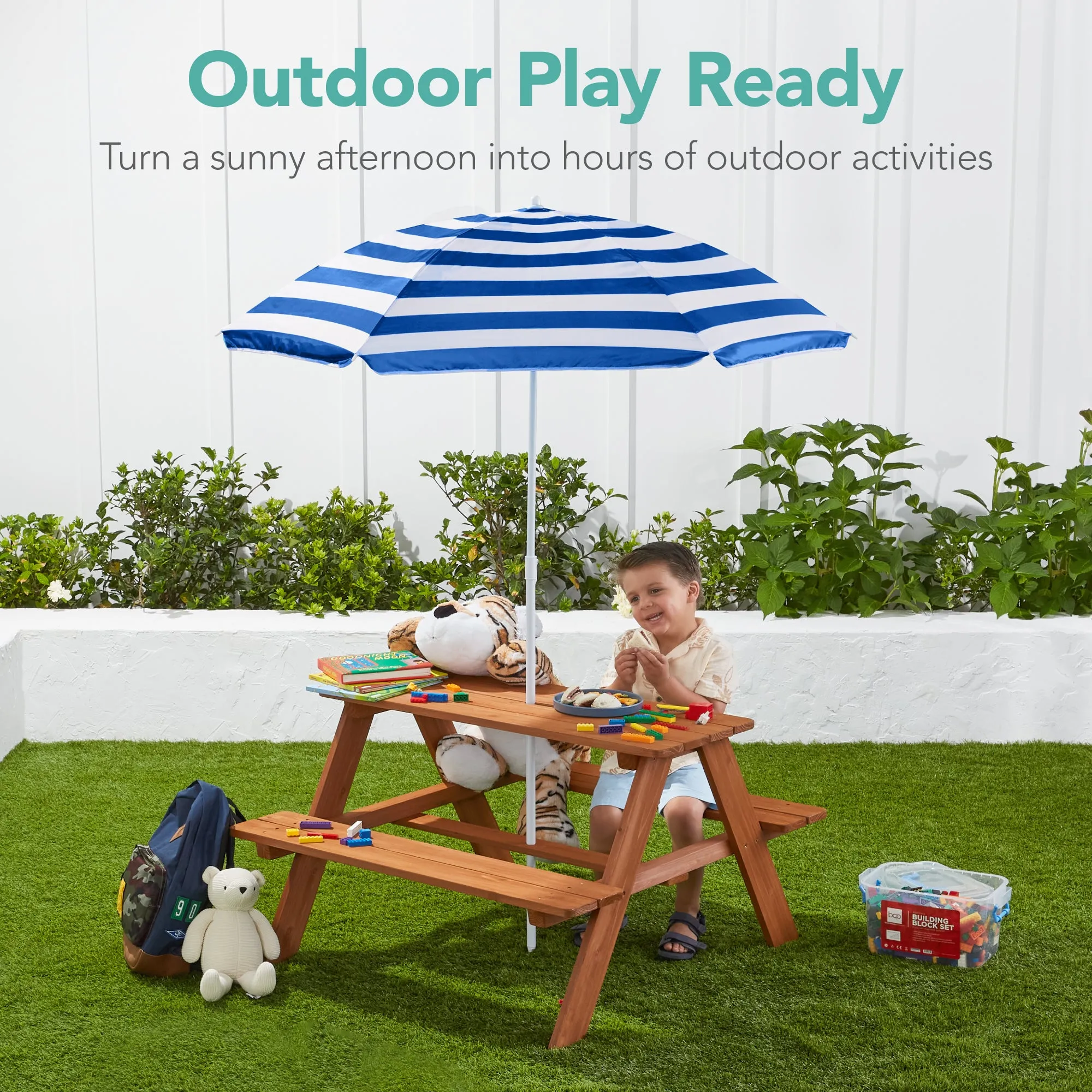 Kids Wooden Outdoor Picnic Table w/ Adjustable Umbrella, Built-In Seats