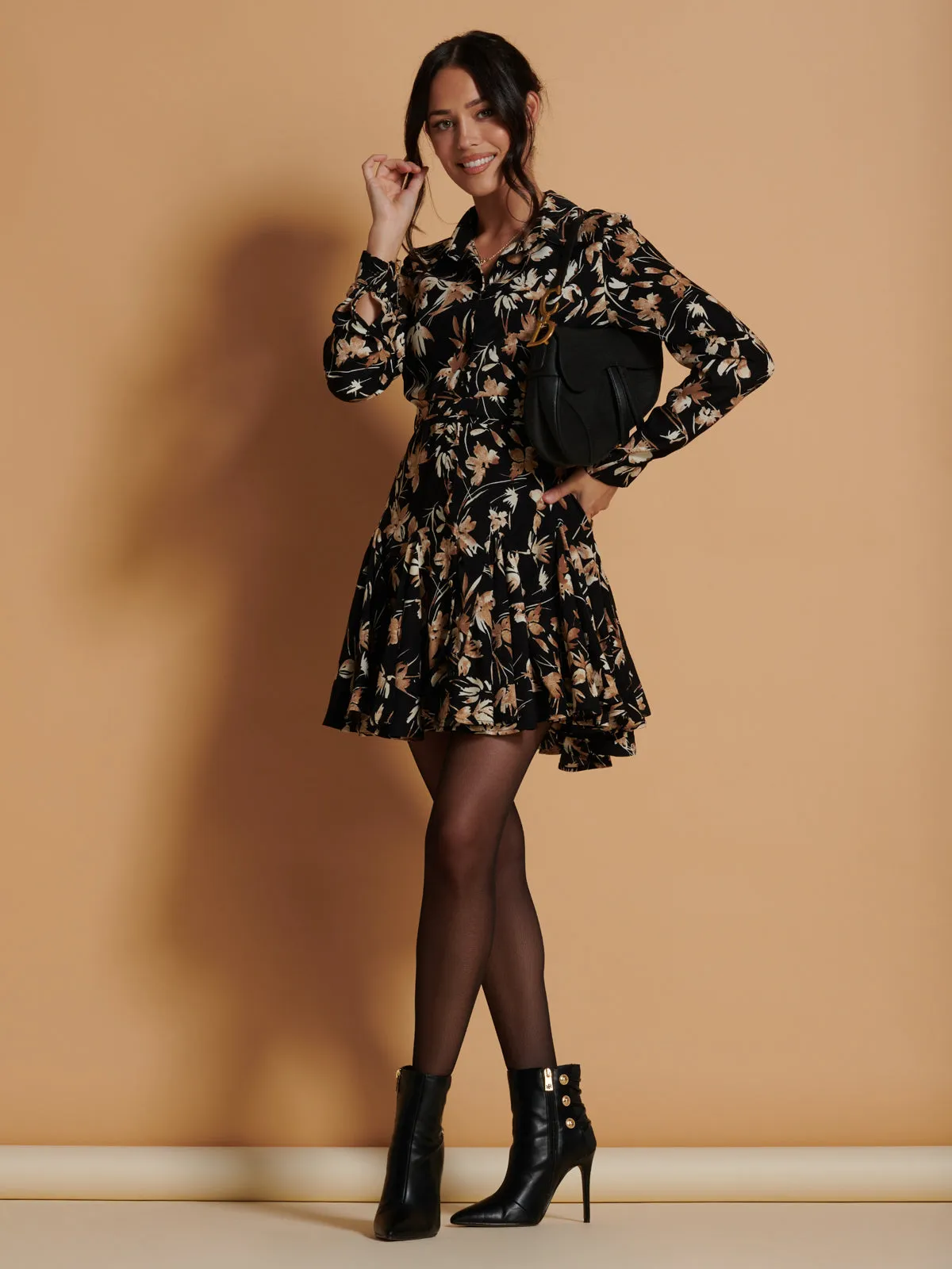 Long Sleeve Fit & Flare Shirt Dress, Black Floral