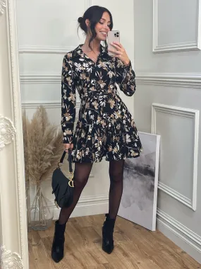 Long Sleeve Fit & Flare Shirt Dress, Black Floral