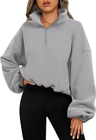 Loose Sport Pullover Hoodie Women Winter Solid Color Zipper Stand Collar Sweatshirt Thick Warm Clothing