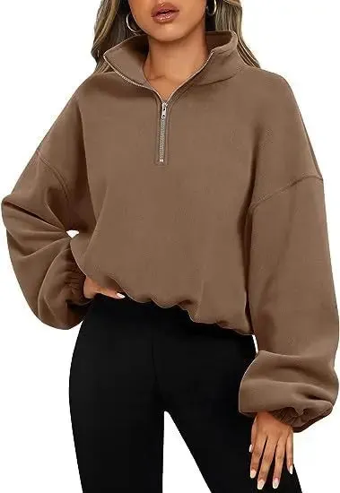 Loose Sport Pullover Hoodie Women Winter Solid Color Zipper Stand Collar Sweatshirt Thick Warm Clothing