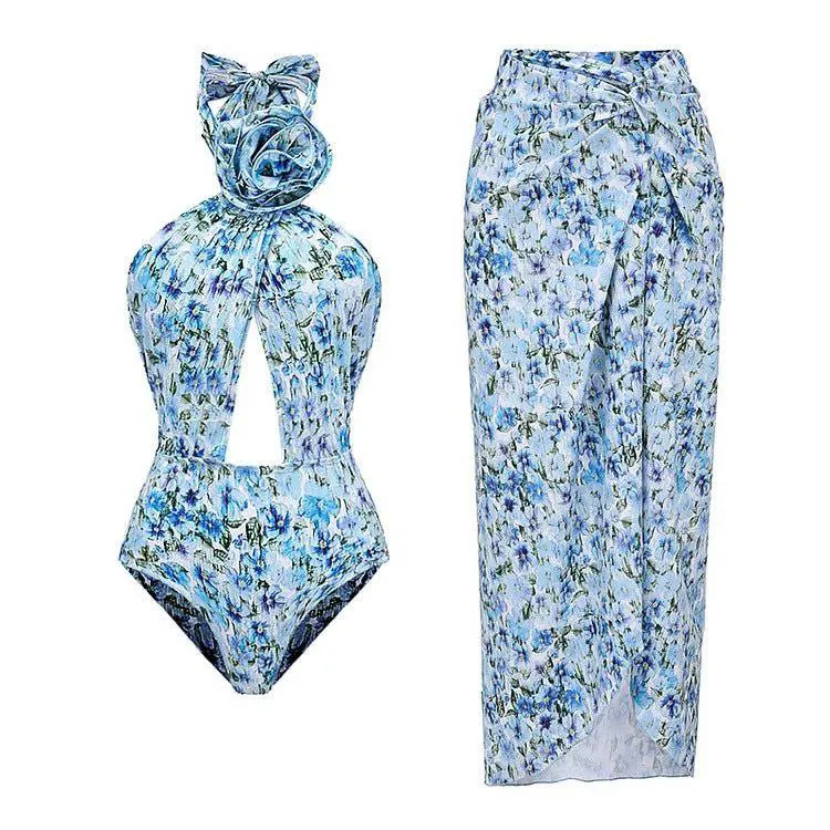 Marina Floral Print One Piece Bodysuit and Skirt Cover Up