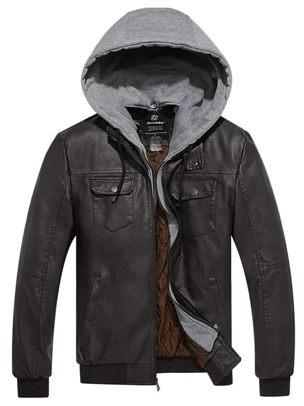 Men's Faux Leather Jacket Moto Jacket with Removable Hood