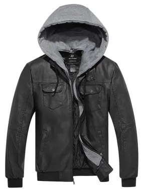 Men's Faux Leather Jacket Moto Jacket with Removable Hood