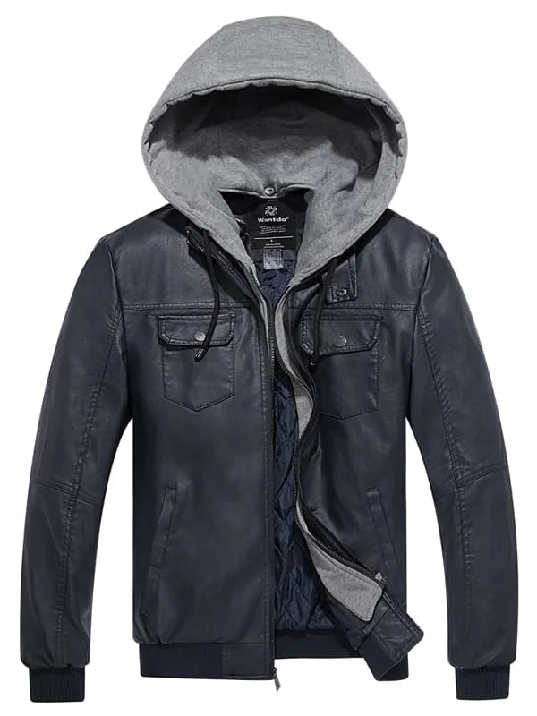 Men's Faux Leather Jacket Moto Jacket with Removable Hood