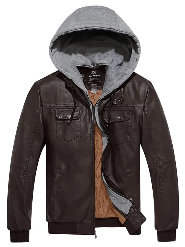 Men's Faux Leather Jacket Moto Jacket with Removable Hood