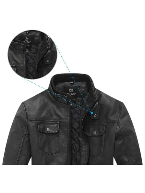 Men's Faux Leather Jacket Moto Jacket with Removable Hood