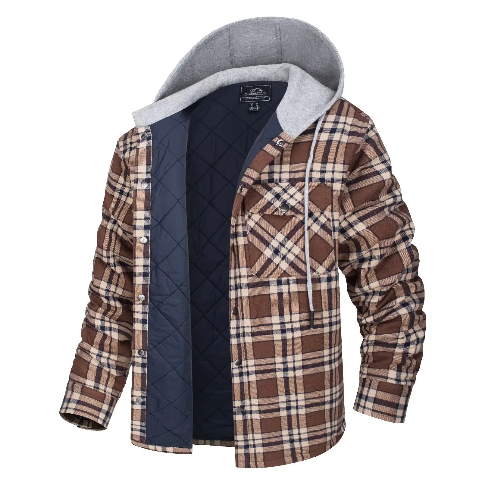 Mens Long Sleeve Quilted Lined Plaid Coat