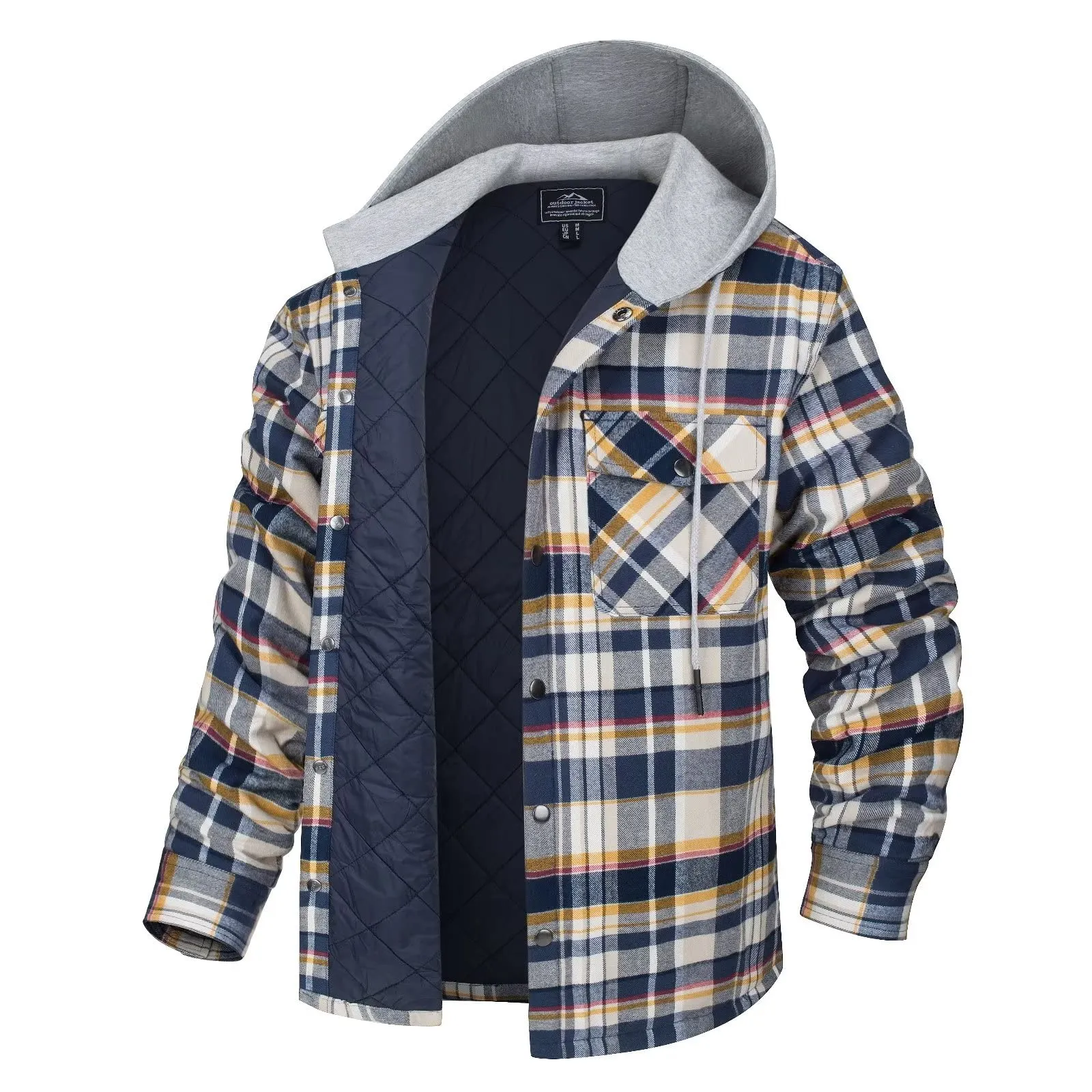 Mens Long Sleeve Quilted Lined Plaid Coat