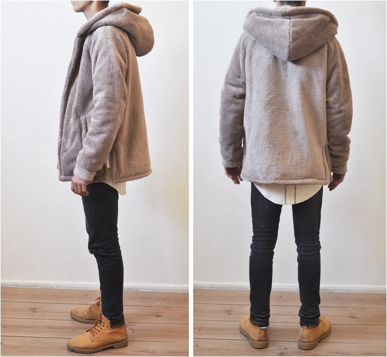 Men's Oversized Sherpa Anorak BoxyFit Side Slit Ivory Raf Bubble Furry Hoodie Warm Sherling Hoodie Winter / Pullover Supreme Yeezy Lining