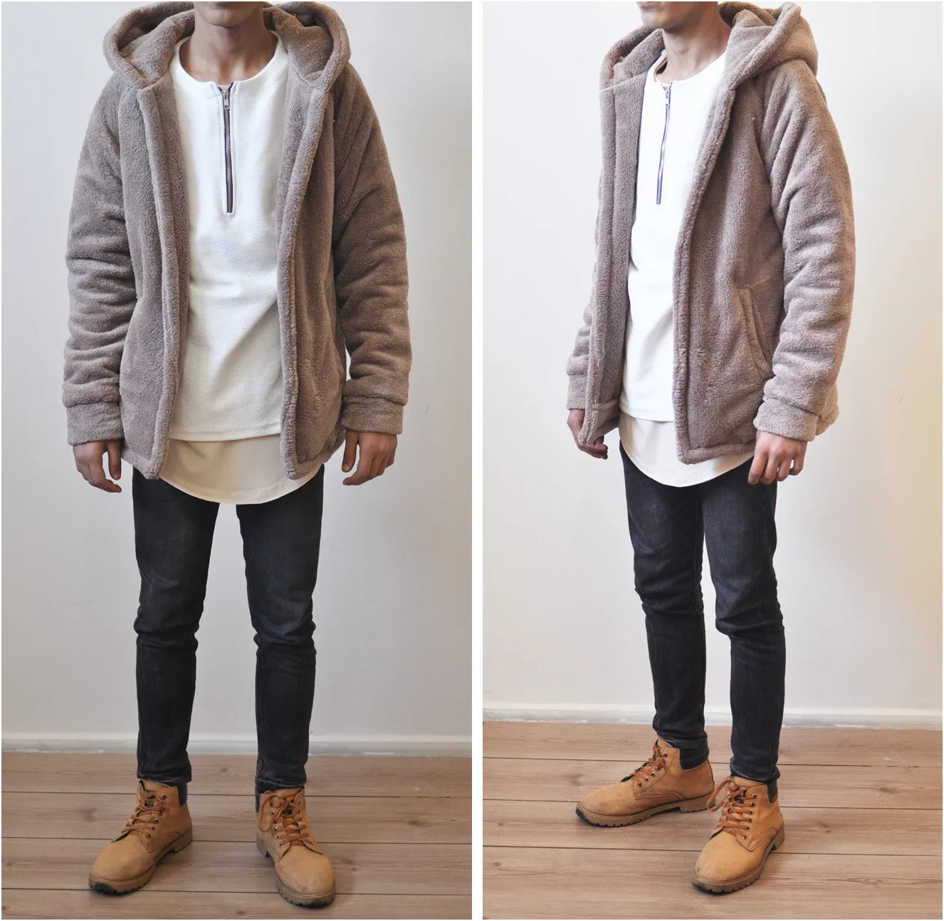 Men's Oversized Sherpa Anorak BoxyFit Side Slit Ivory Raf Bubble Furry Hoodie Warm Sherling Hoodie Winter / Pullover Supreme Yeezy Lining