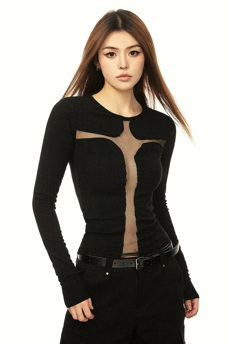 Mesh Panel Cross-Cutout Long Sleeve Crop Top