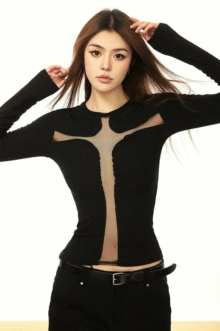 Mesh Panel Cross-Cutout Long Sleeve Crop Top