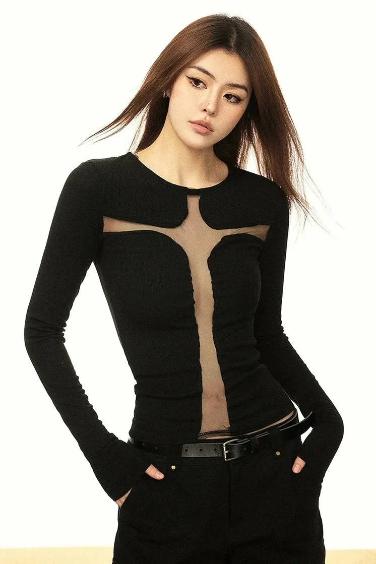 Mesh Panel Cross-Cutout Long Sleeve Crop Top