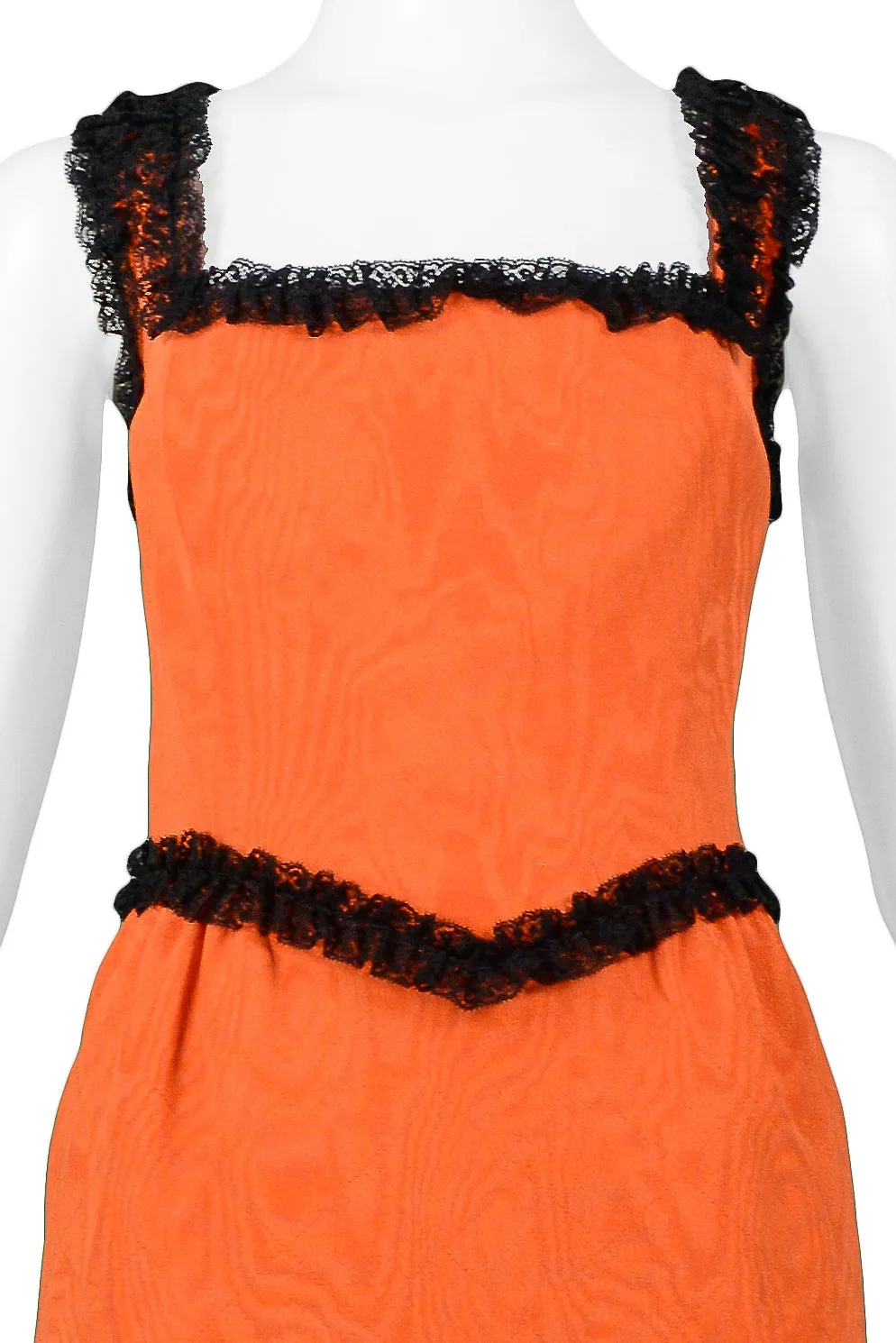 MOSCHINO COUTURE ORANGE QUILTED FAILLE WITH BLACK LACE TRIM DRESS