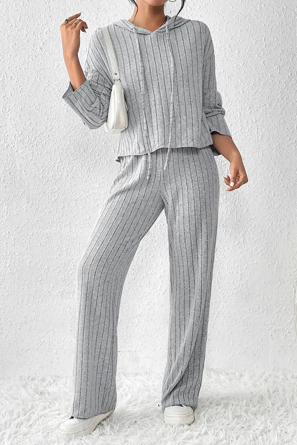 Ribbed Gray Slouchy Hoodie Wide Leg Set