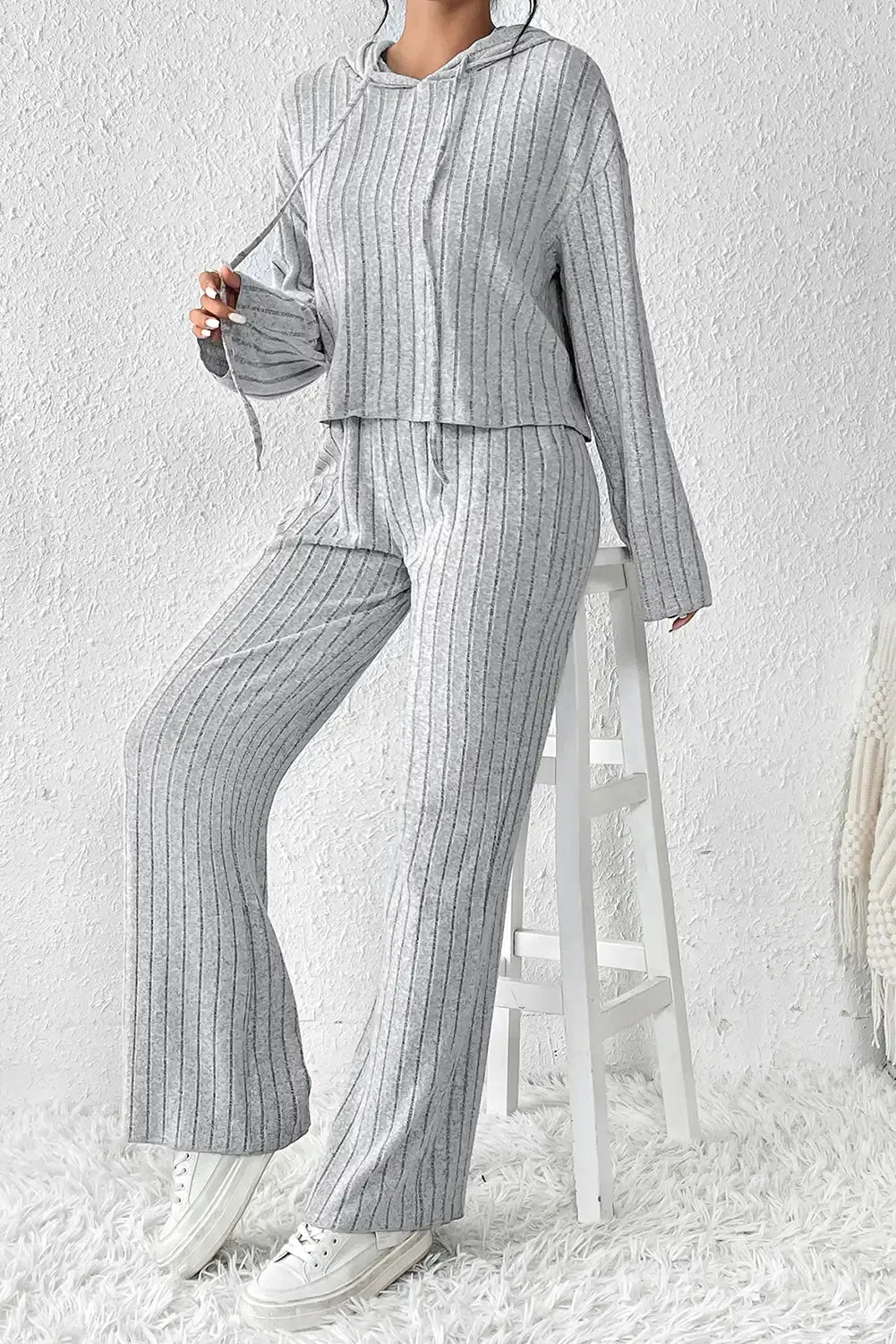 Ribbed Gray Slouchy Hoodie Wide Leg Set