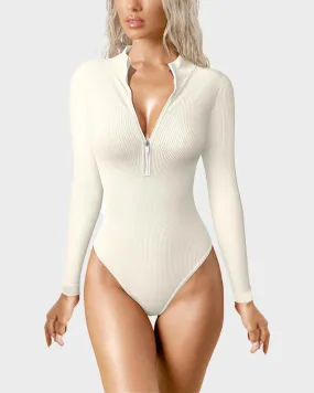 Ribbed Long Sleeve Half-Zip Shaping Bodysuit