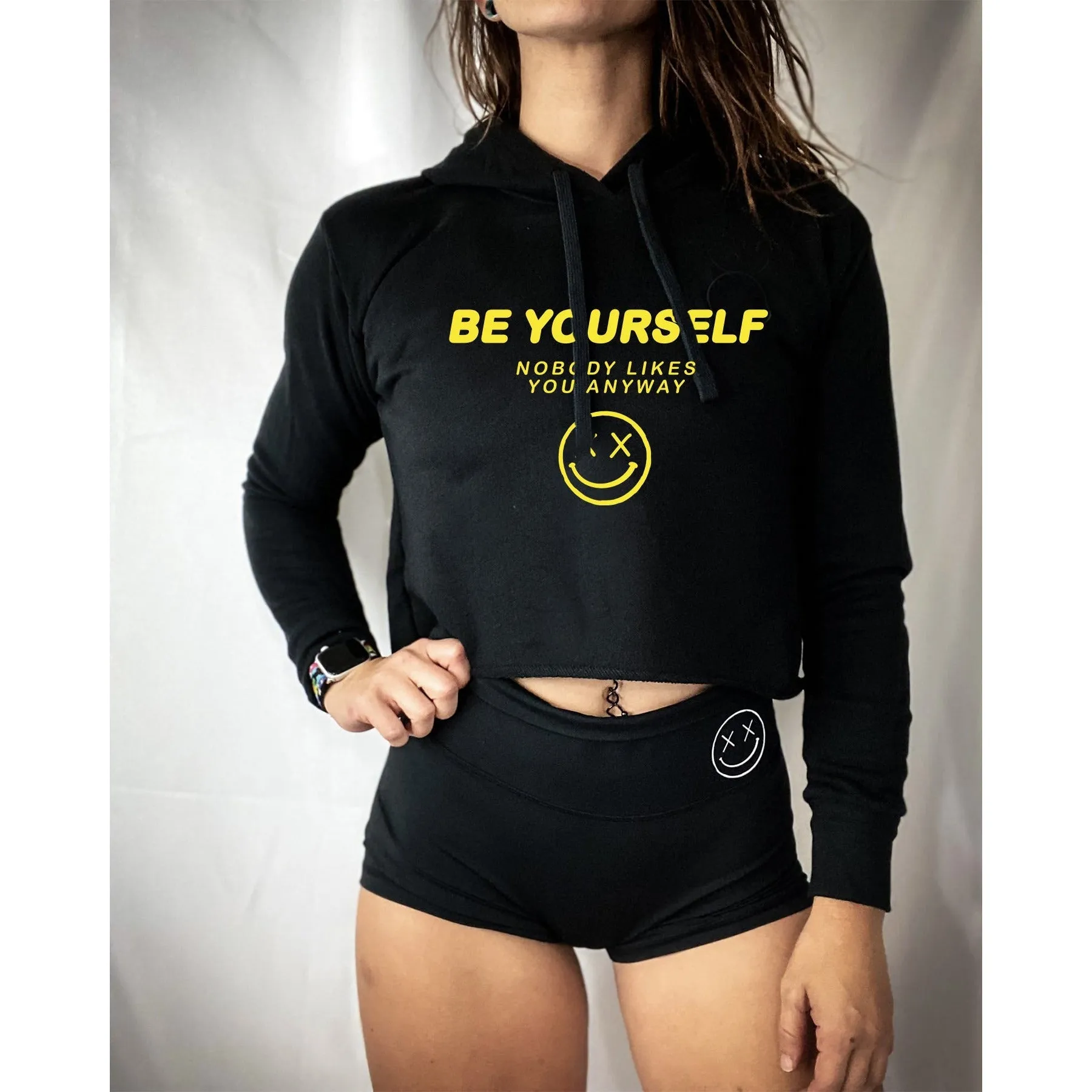 Salty Savage Ladies "Be Yourself" Cropped Hoodie | Black/Yellow