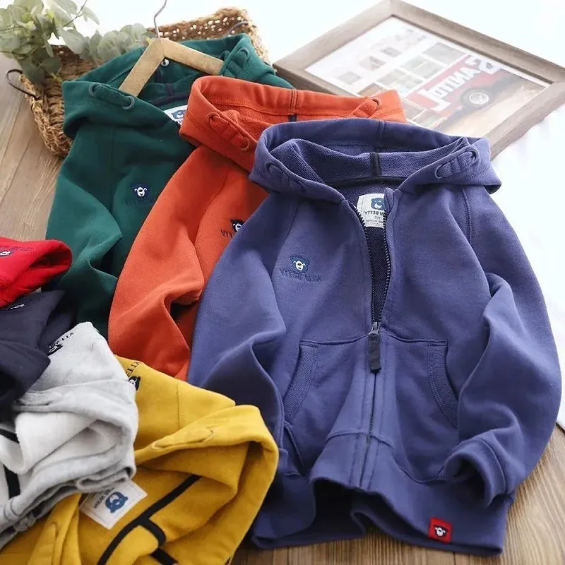 Spring Autumn Girls Boys Cotton Embroidered Zip Sweatshirt Jackets School Kids Track Hoodie Child Outfit Work Coat Tops 3-14Yrs