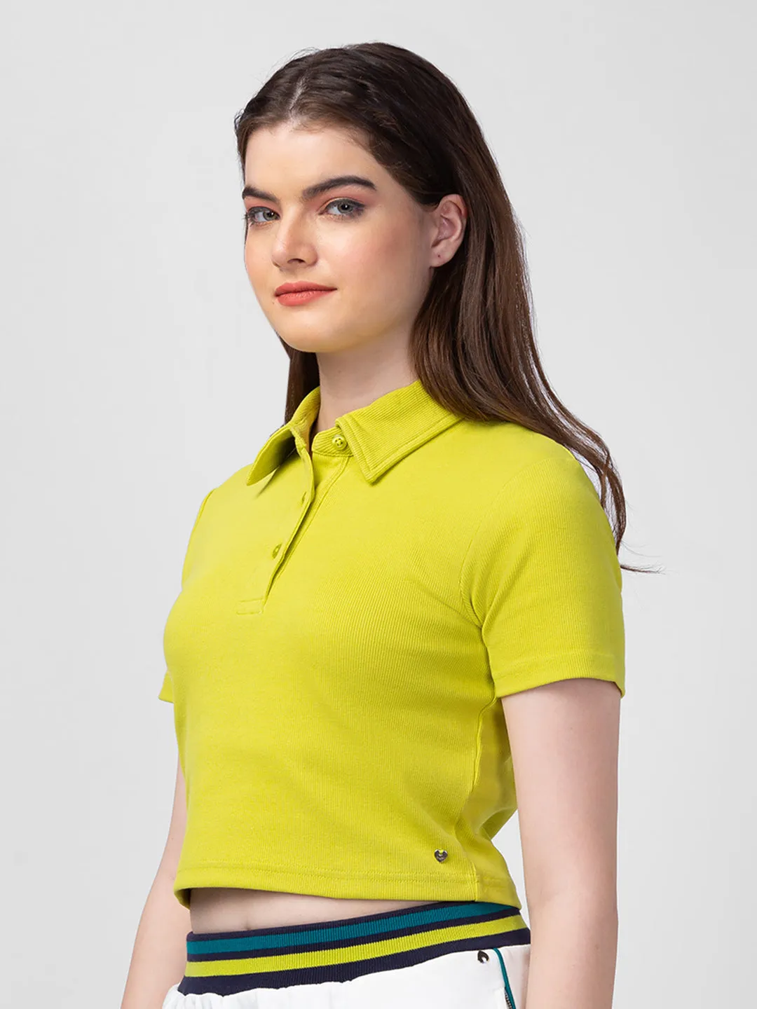 Spykar Butter Yellow Blended Slim Fit Polo Neck Crop Top For Women