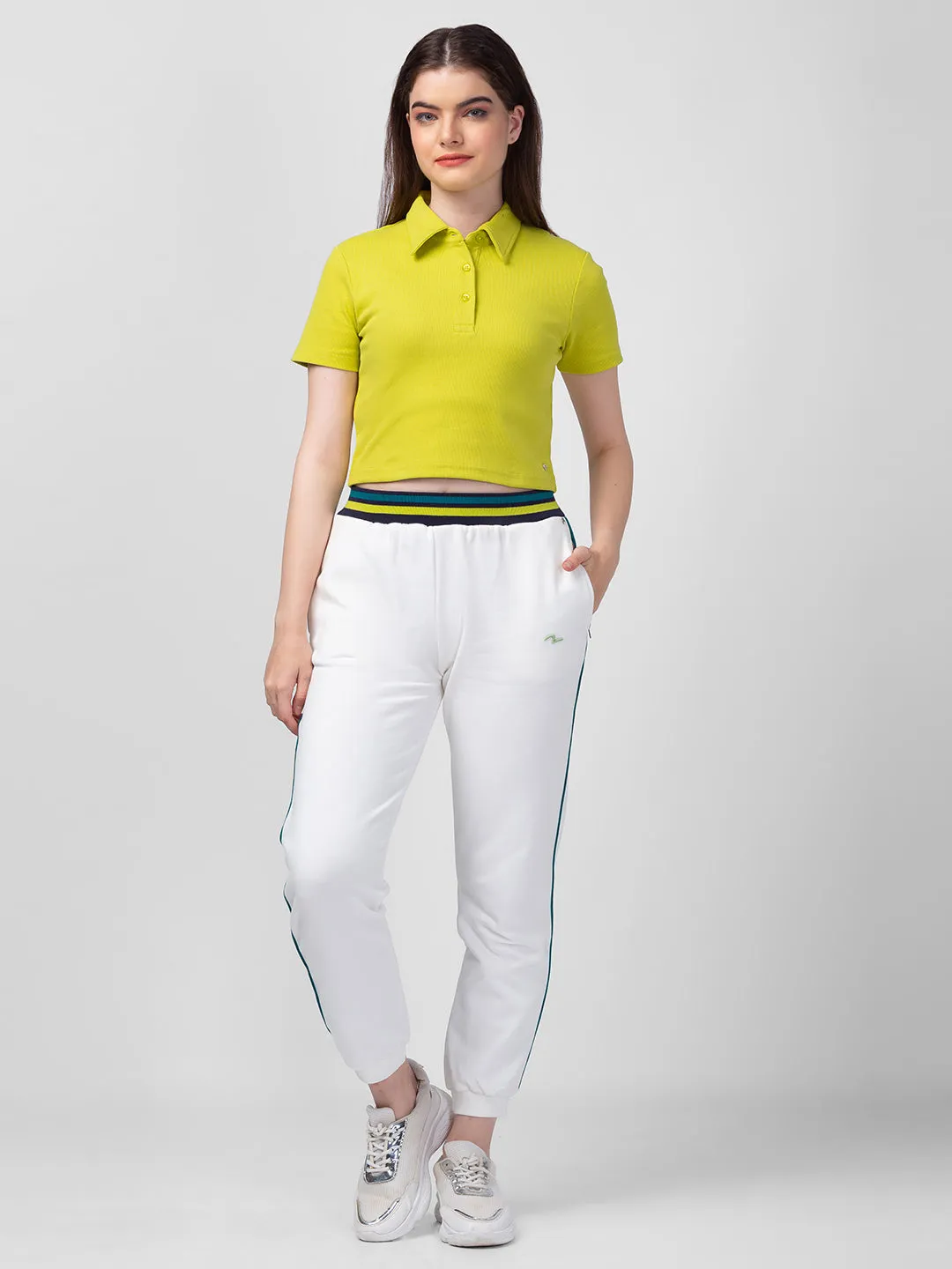 Spykar Butter Yellow Blended Slim Fit Polo Neck Crop Top For Women