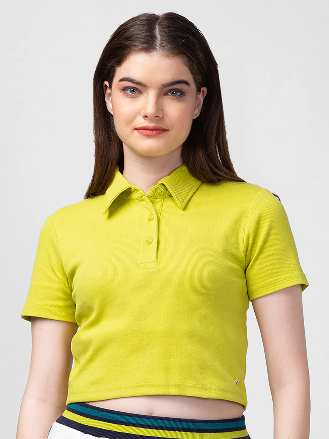 Spykar Butter Yellow Blended Slim Fit Polo Neck Crop Top For Women