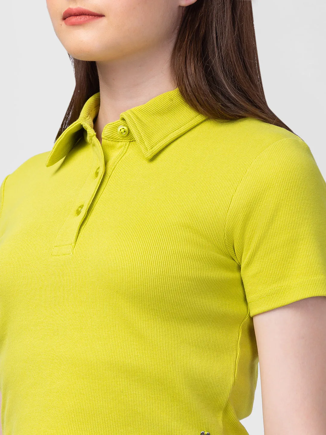 Spykar Butter Yellow Blended Slim Fit Polo Neck Crop Top For Women