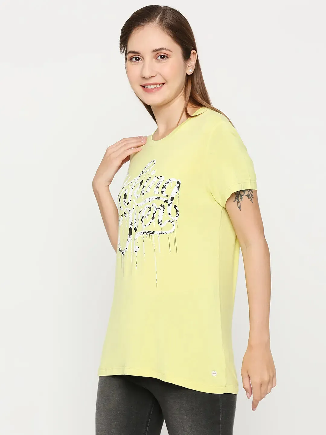 Spykar Women Lime Cotton Slim Fit Round Neck Printed Tshirt