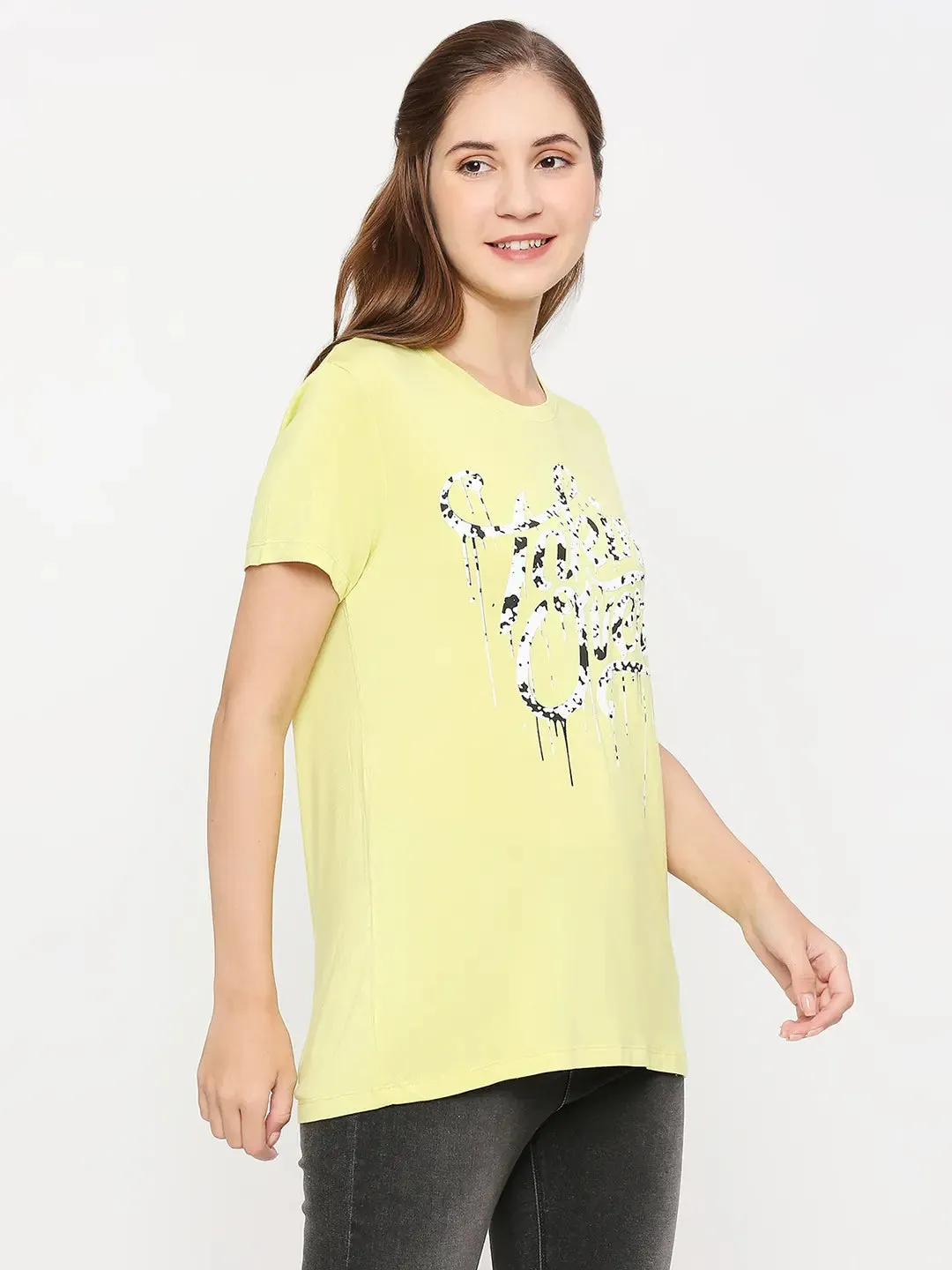 Spykar Women Lime Cotton Slim Fit Round Neck Printed Tshirt