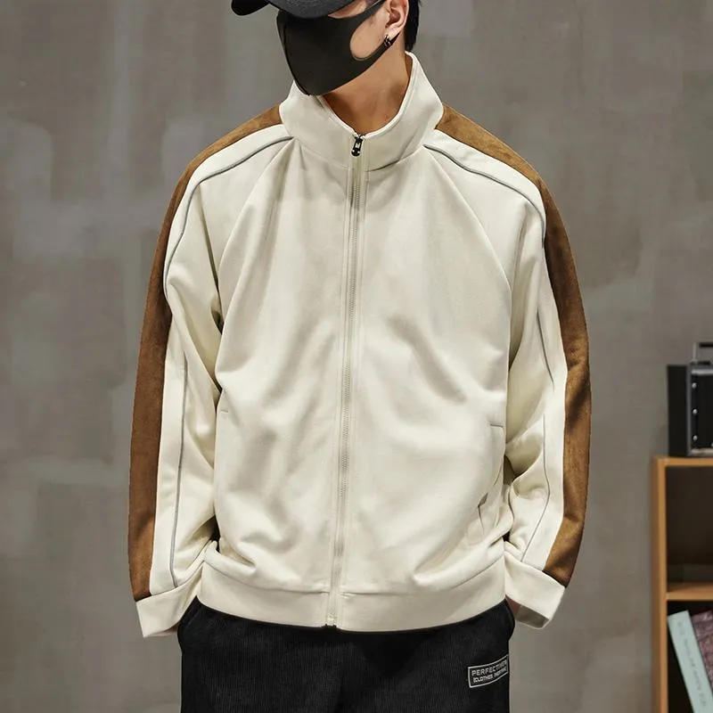 Stand-Up Collar Patchwork Suede Full Zip Track Jacket